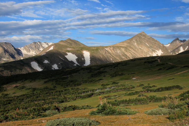 Portrait of mountains overlooking a grassy meadow