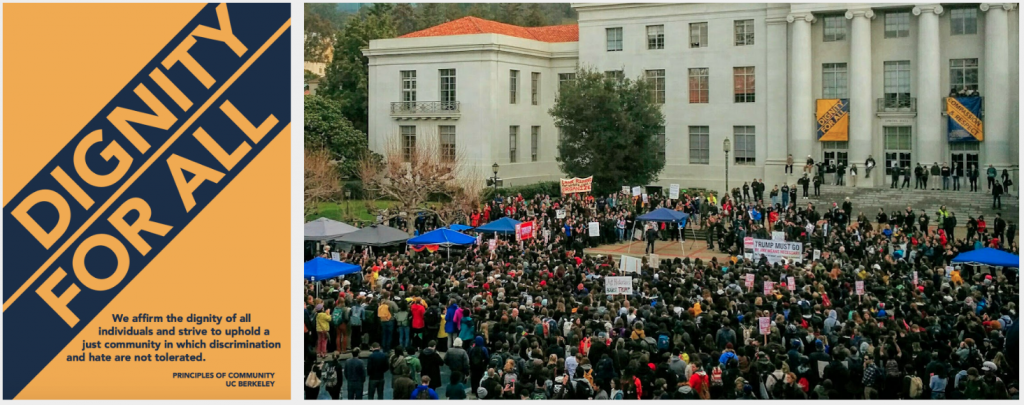 Left: Equity and inclusion banners. Right: A protest.